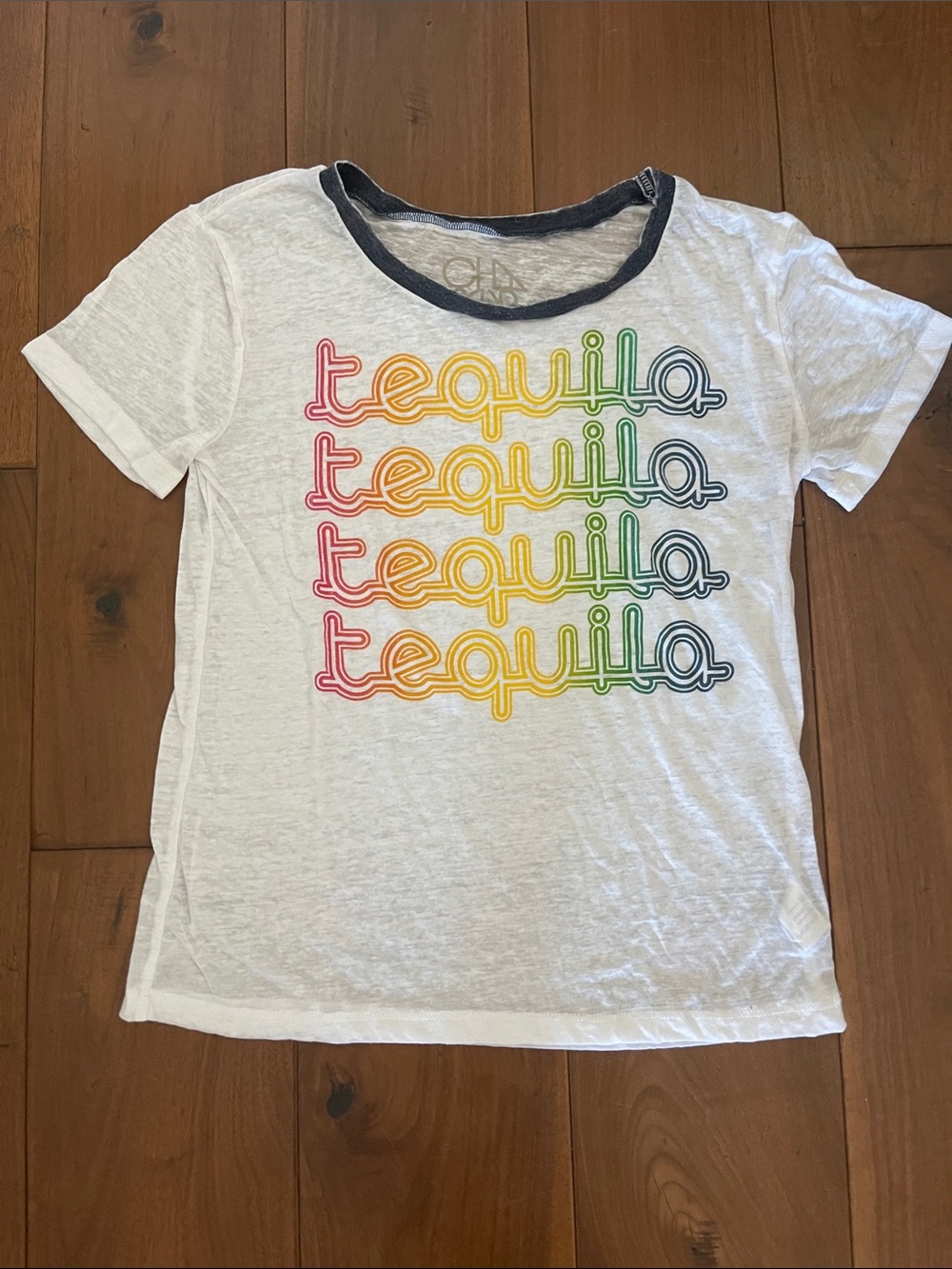 Chaser White Tee with Multicolor 'tequila' Stacked Graphic